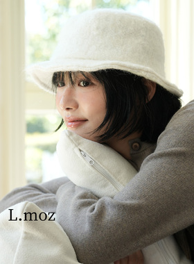 蓝墨竹LMO.Z渔夫帽2025秋冬新款简约白色毛绒盆帽宽大帽檐显脸小