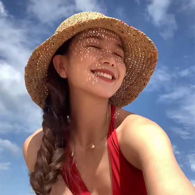 蓝墨竹L.MOZ渔夫帽子2025新款女夏季编织拉菲草大檐防晒遮阳法式