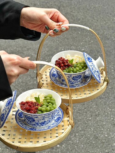复古陶瓷盖碗甜品碗青花瓷咖啡杯