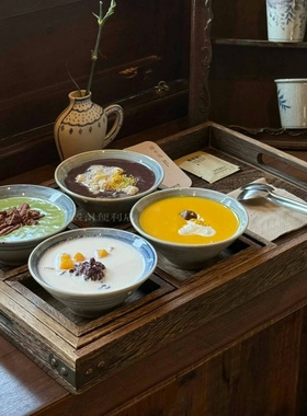 糖水铺木托盘陶瓷甜品碗中式复古餐具双皮奶甜汤碗四宫格点心盘