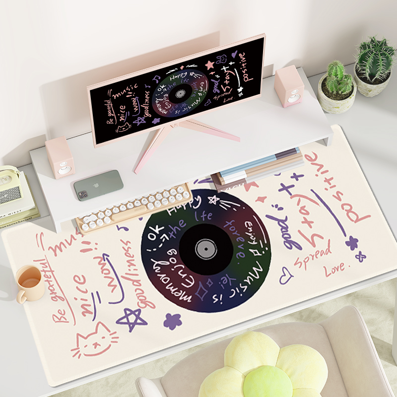 复古CD鼠标垫办公桌面垫女生简约护腕电脑键盘垫超大号锁边防滑垫