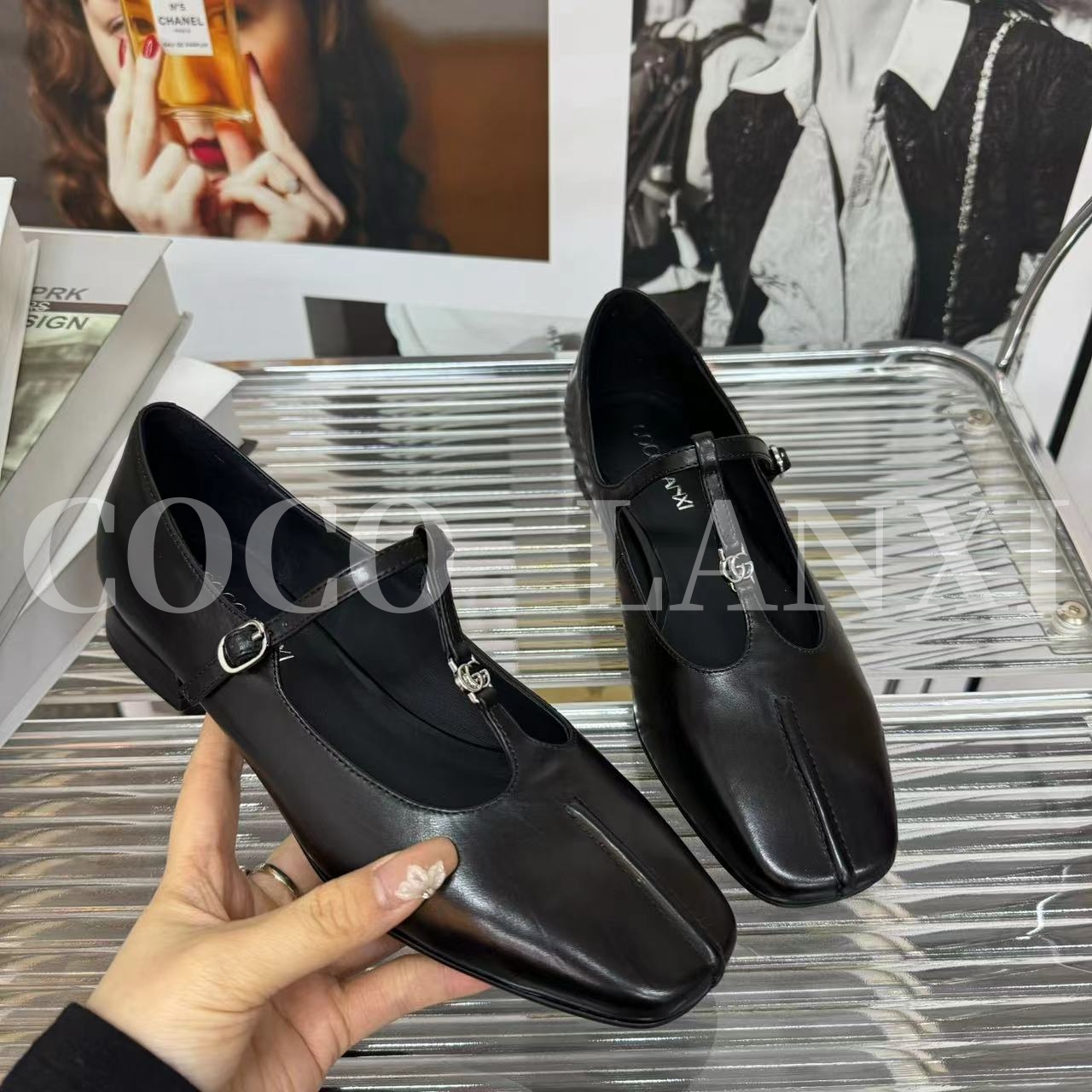 【COCO LANXI】时尚休闲女士黑色玛丽珍方头平底单鞋25DX181LX