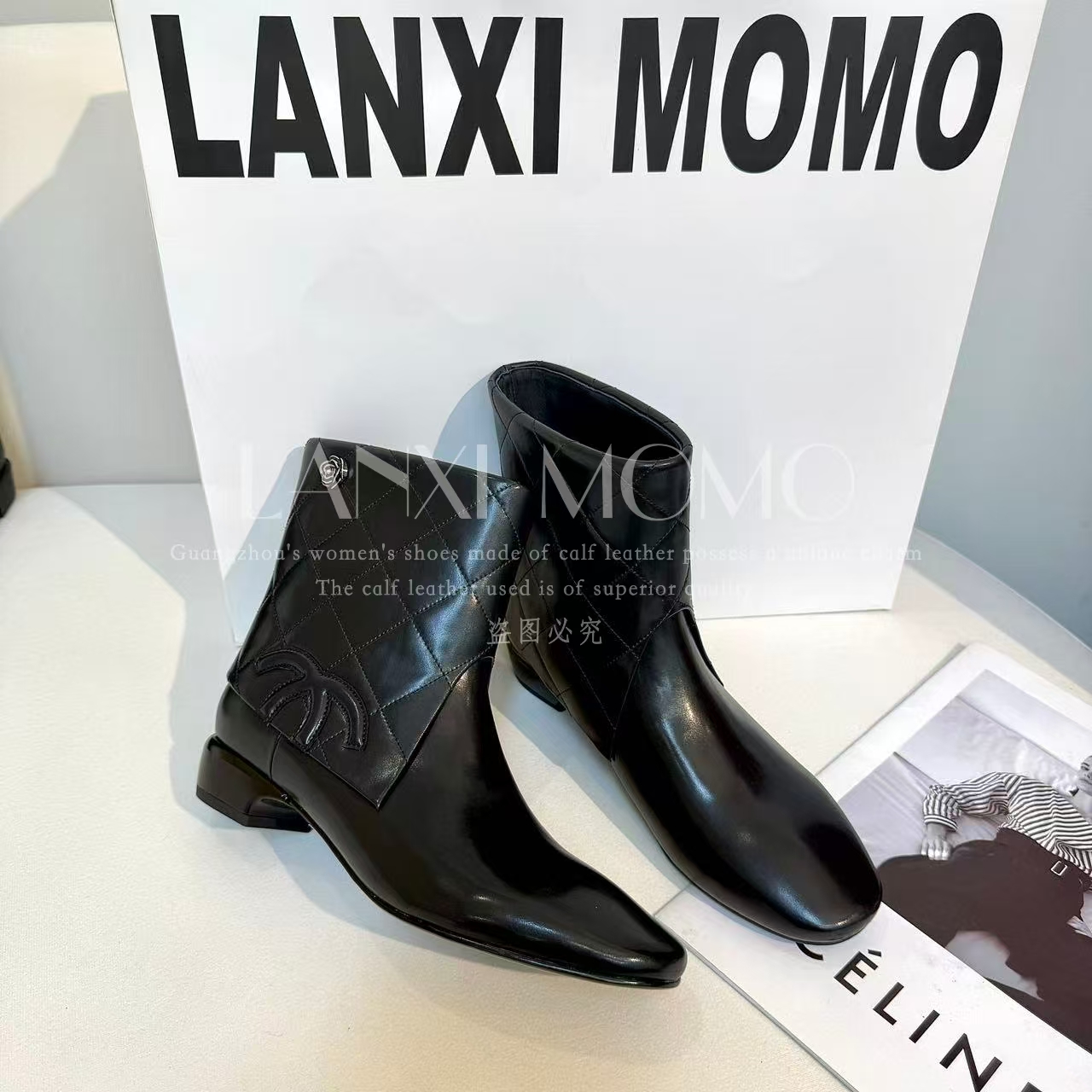 【LANXI  MOMO】气质时尚百搭圆头女士黑色菱格纹短靴25XZ716LX