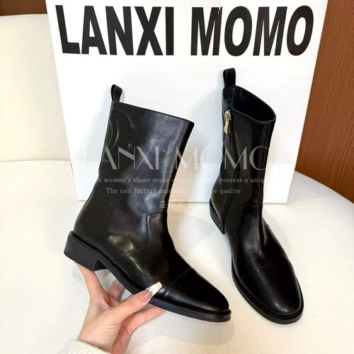 【LANXI MOMO】时尚百搭女士黑色圆头瘦瘦靴真皮短靴24XZ597LX