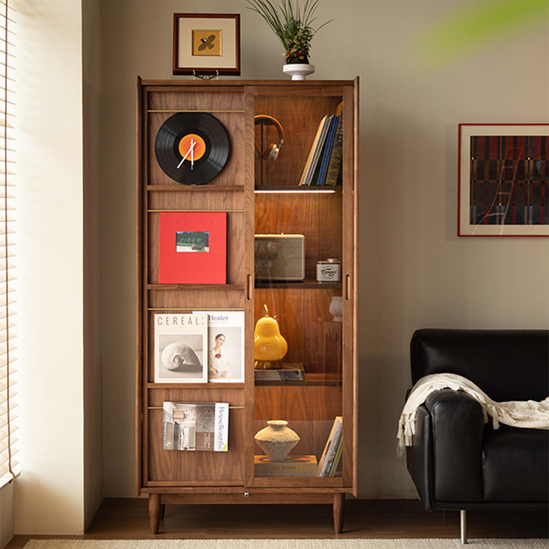 实木书柜客厅收纳柜靠墙储物黑胡桃玻璃门书架展示柜中古风杂志柜,住宅家具,单个书柜,淘宝优惠券,粉丝福利购,淘宝优惠卷
