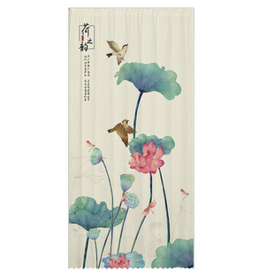 门帘透光不透人新中式花鸟鱼山水墨画装饰遮挡卧室客厅家用免打孔