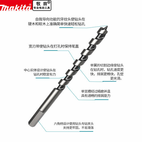 makita/牧田木工六角柄支罗钻头加长木头开孔器钻树6-30mm支罗钻