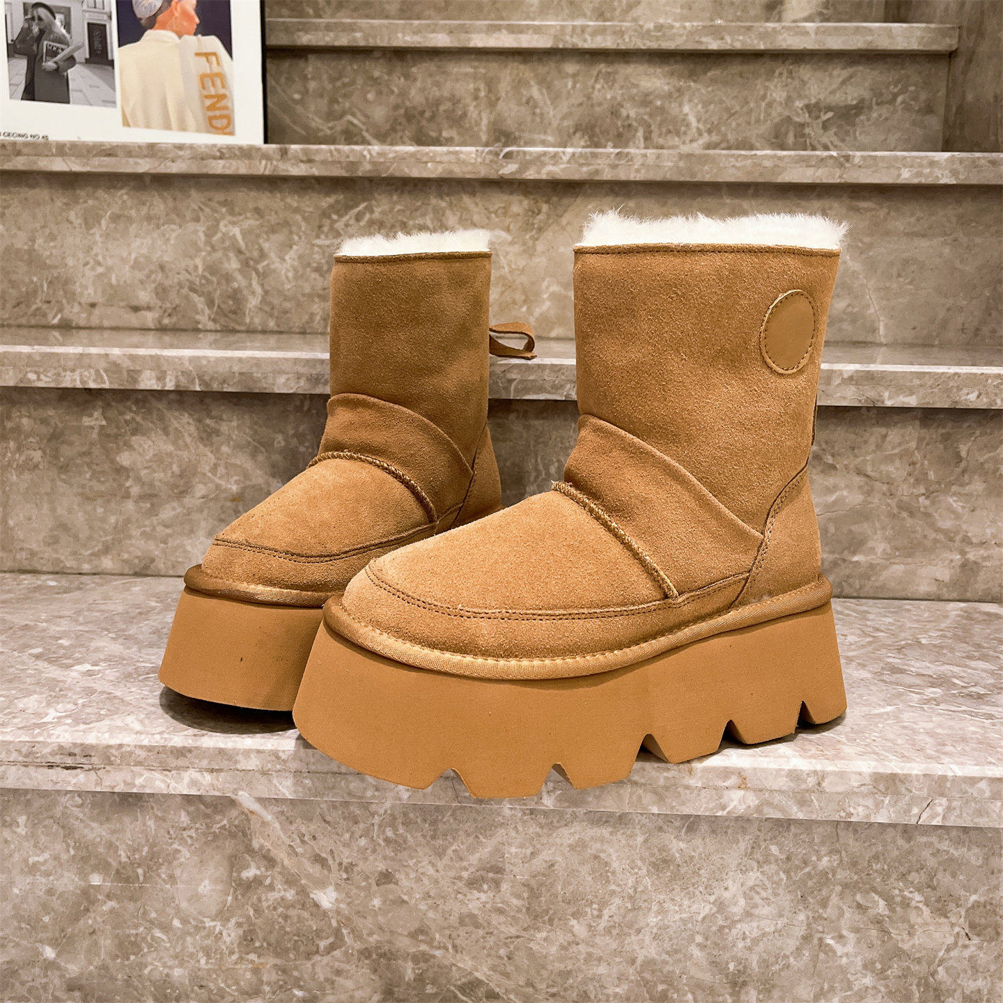 牛皮羊毛版~6cm小个子厚底松糕波浪底雪地棉靴翻领两穿面包鞋女鞋,女鞋,时尚雪地靴,淘宝优惠券,粉丝福利购,淘宝优惠卷