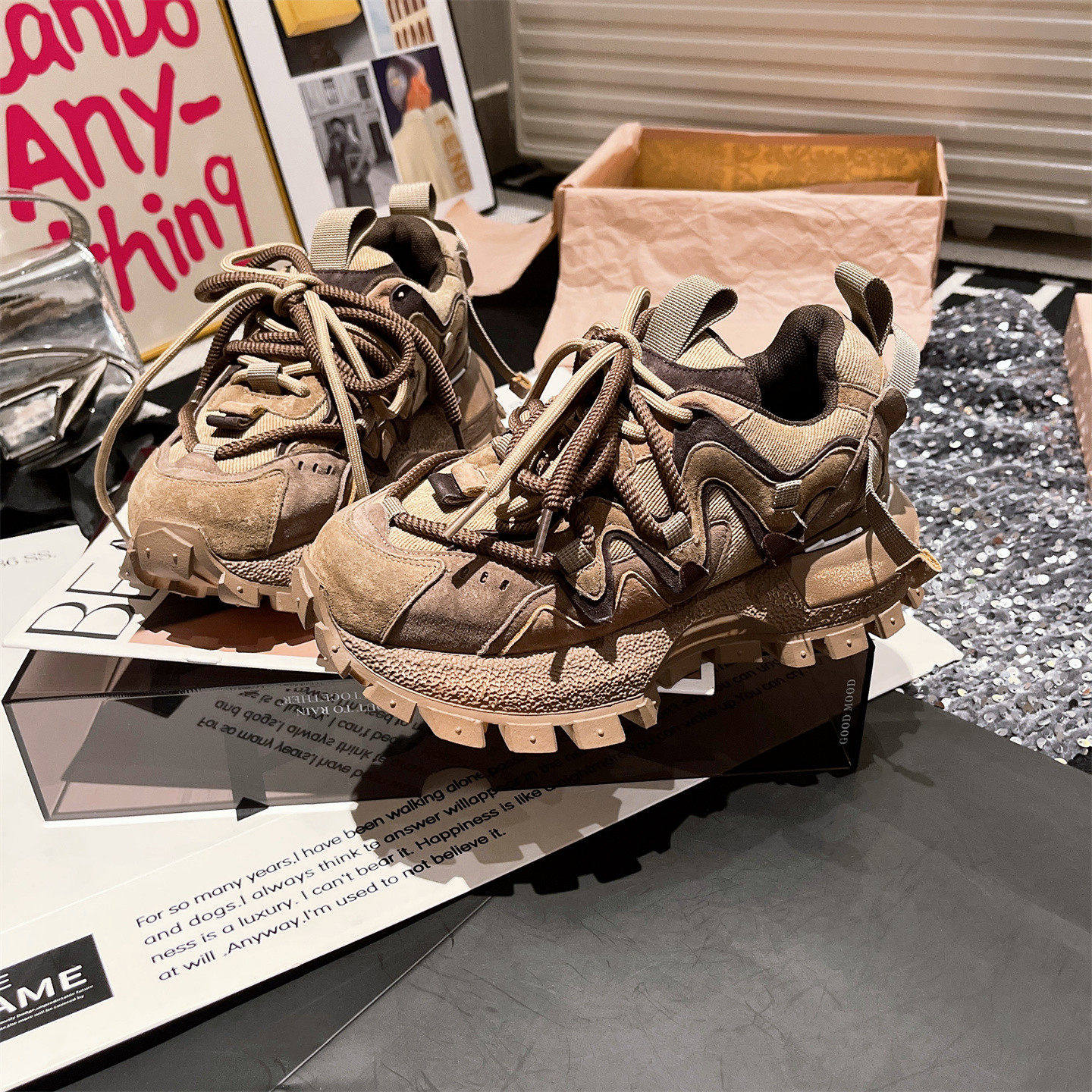 2025新款磨砂真皮系带绑带厚底松糕休闲鞋运动鞋老爹鞋显脚小女鞋,女鞋,老爹鞋,淘宝优惠券,粉丝福利购,淘宝优惠卷