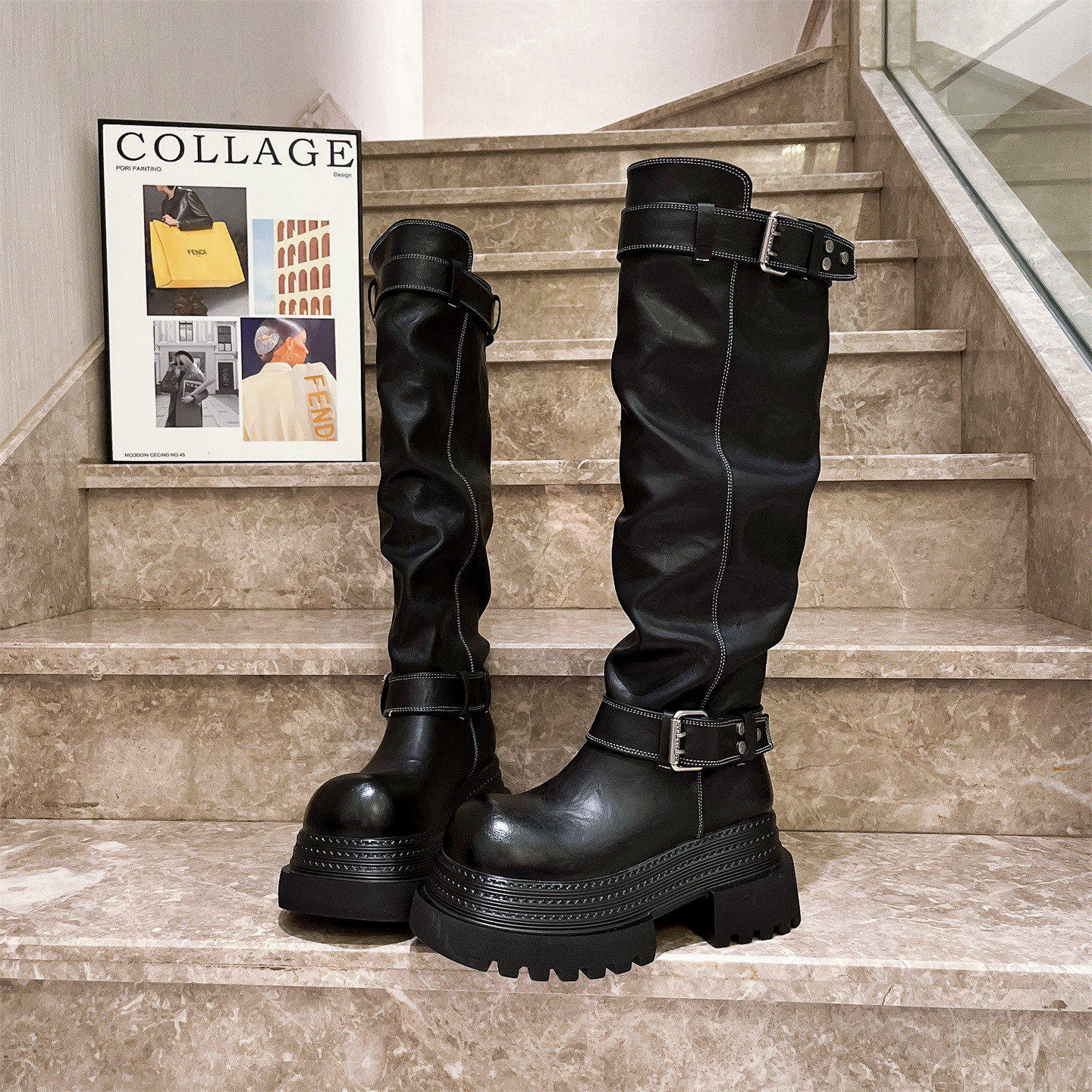 欧货真皮英伦风马丁靴女皮带扣厚底高筒长靴过膝靴机车靴复古女鞋,女鞋,马丁靴,淘宝优惠券,粉丝福利购,淘宝优惠卷