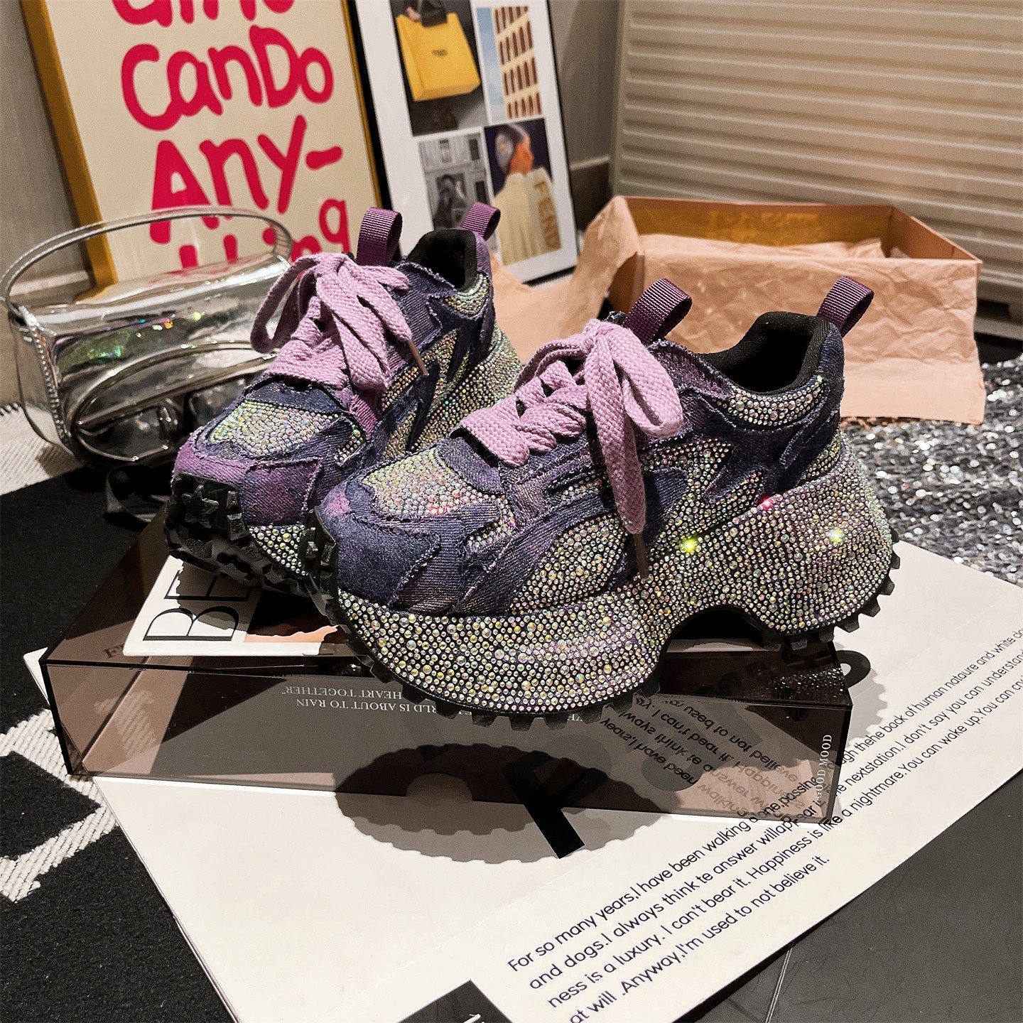 欧货重工水洗牛仔布水钻厚底老爹鞋女鞋2025年新款增高休闲运动鞋,女鞋,老爹鞋,淘宝优惠券,粉丝福利购,淘宝优惠卷