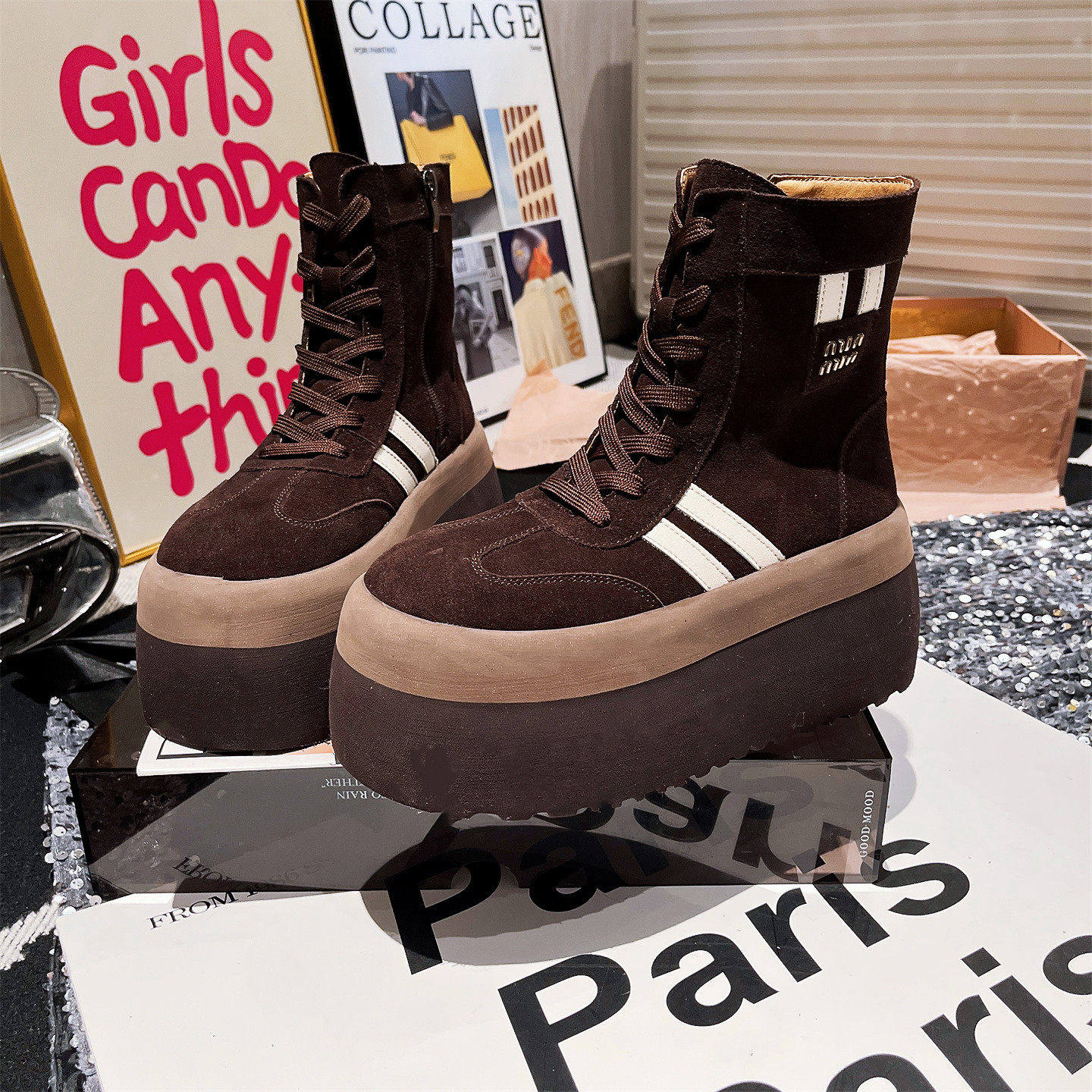 欧洲站真皮大头厚底松糕马丁靴机车靴加绒雪地棉靴小个子8cm女鞋,女鞋,马丁靴,淘宝优惠券,粉丝福利购,淘宝优惠卷