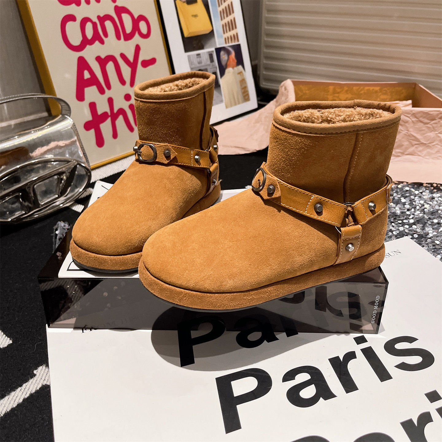 欧货冬季新款真皮皮带扣加厚雪地棉靴丑萌勃肯鞋面包鞋平底鞋女鞋,女鞋,时尚雪地靴,淘宝优惠券,粉丝福利购,淘宝优惠卷