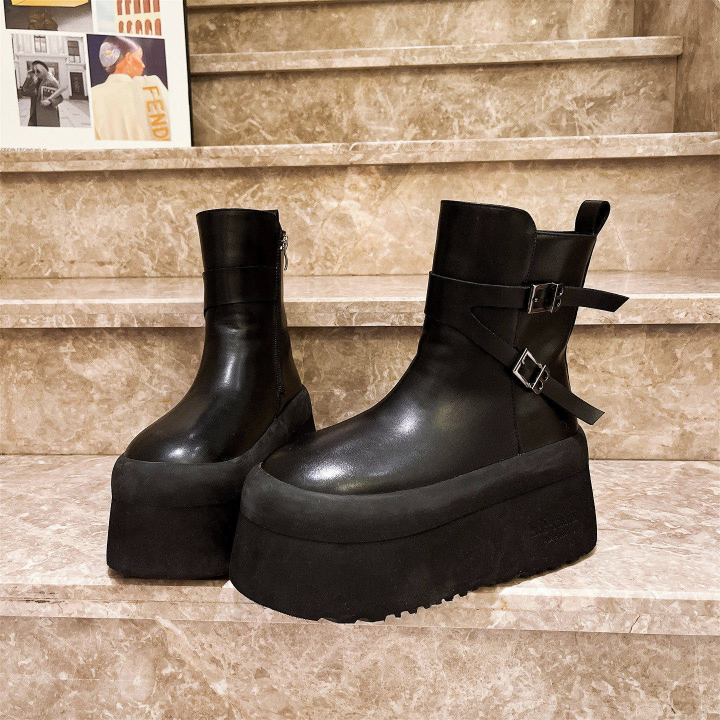 欧洲站真皮大头厚底松糕小个子8cm马丁靴机车靴加绒做旧擦色女鞋,女鞋,马丁靴,淘宝优惠券,粉丝福利购,淘宝优惠卷