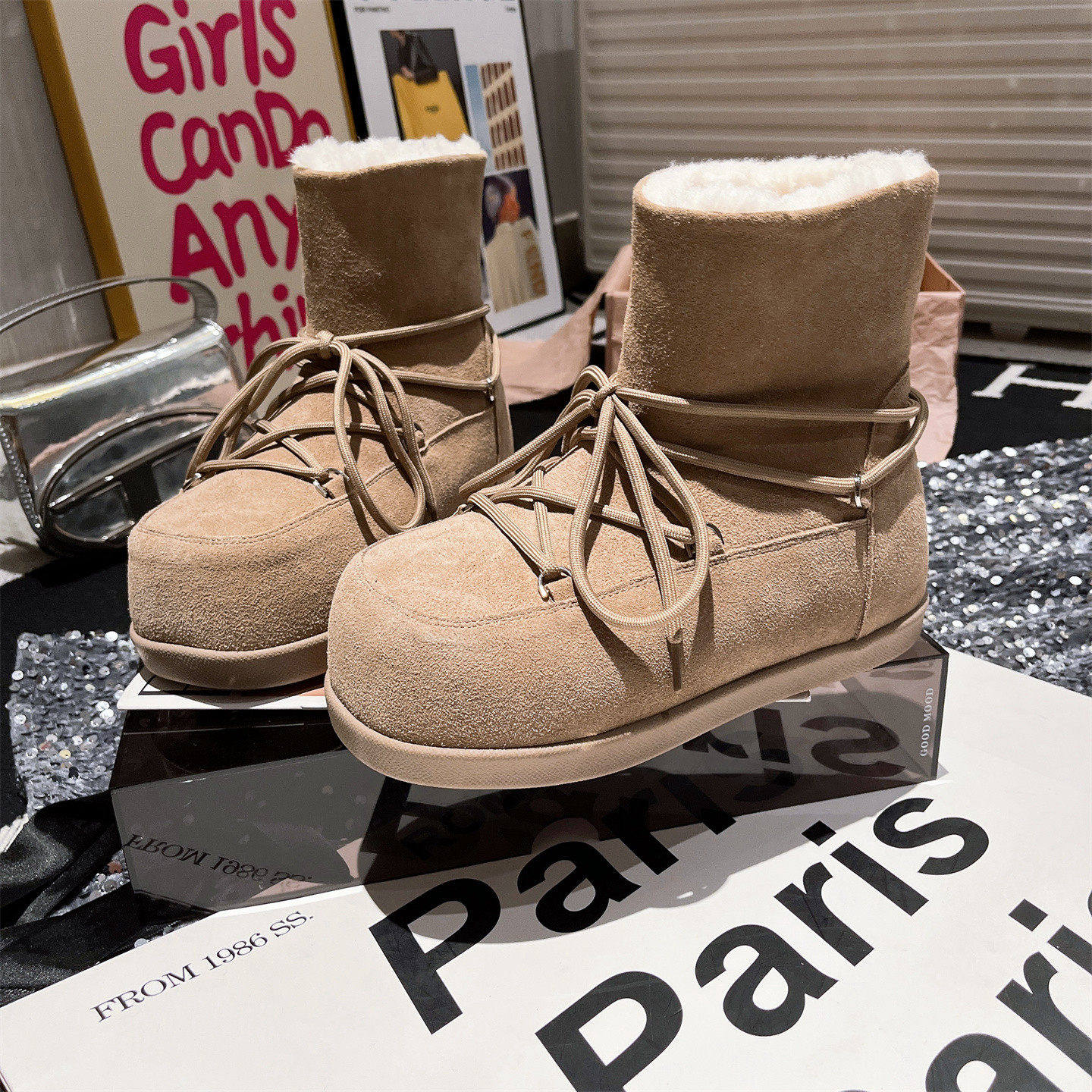 欧洲站真皮羊毛绑带厚底松糕雪地棉靴短靴小个子面包鞋勃肯鞋女鞋,女鞋,时尚雪地靴,淘宝优惠券,粉丝福利购,淘宝优惠卷