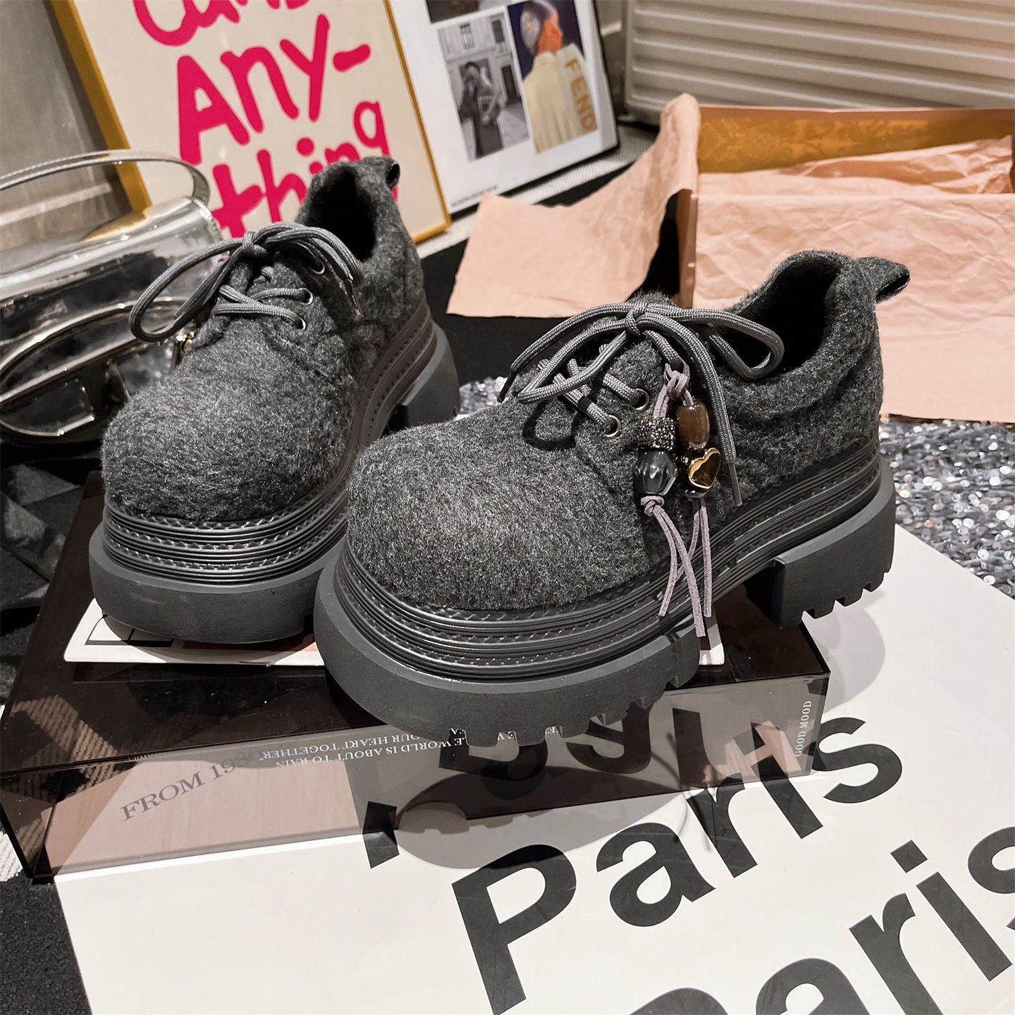 欧货系带水钻毛呢毛毛鞋JK小皮鞋乐福鞋小个子7cm加绒棉瓢鞋女鞋,女鞋,松糕（摇摇）鞋,淘宝优惠券,粉丝福利购,淘宝优惠卷