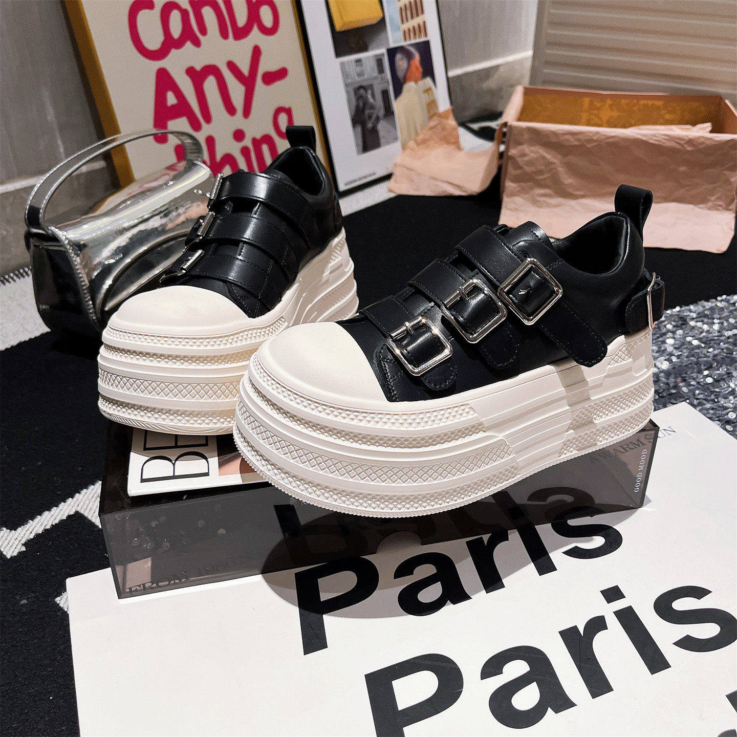 真皮版~韩版金属扣厚底松糕休闲鞋板鞋饼干鞋学院风百搭小白鞋女