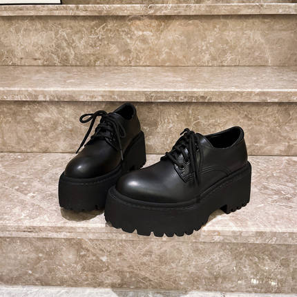 牛皮版~欧货尖头系带厚底松糕JK小皮鞋显瘦乐福鞋小个子7cm女鞋