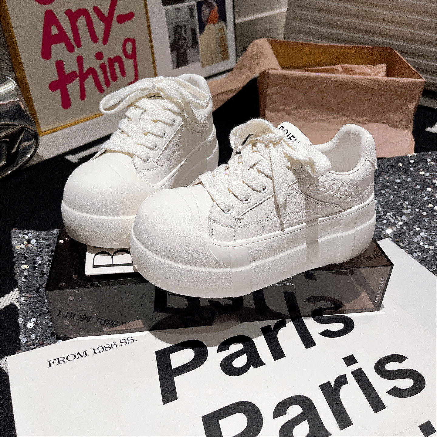 真皮版~米奇大头厚底面包鞋女鞋白色松糕系带休闲板鞋增高小白鞋,女鞋,休闲板鞋,淘宝优惠券,粉丝福利购,淘宝优惠卷