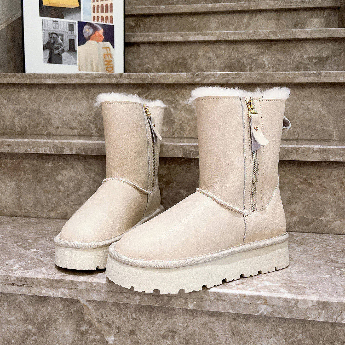 欧货真皮羊毛毛鞋翻领两穿拉链厚底松糕雪地棉靴短靴松糕白色女鞋,女鞋,时尚雪地靴,淘宝优惠券,粉丝福利购,淘宝优惠卷