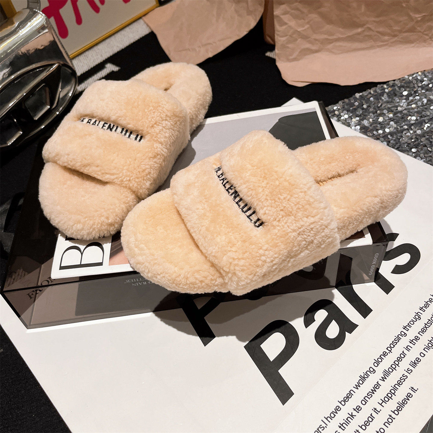 欧货2025新款羊羔毛毛鞋刺绣字母露趾一字凉鞋托外穿拖鞋平底女鞋,女鞋,毛毛鞋,淘宝优惠券,粉丝福利购,淘宝优惠卷