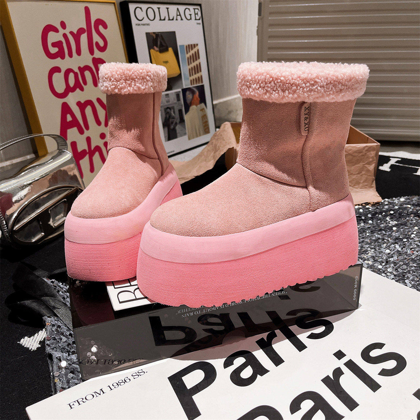 真皮羊毛~欧货超高跟小个子8cm擦色松糕雪地棉靴勃肯鞋毛毛鞋女鞋,女鞋,时尚雪地靴,淘宝优惠券,粉丝福利购,淘宝优惠卷