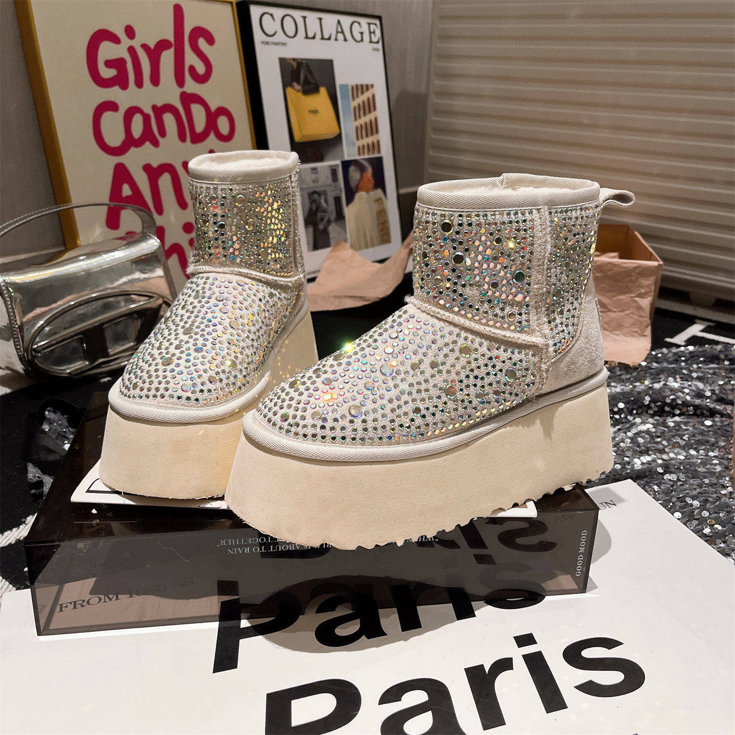 欧洲站水钻满钻满天星厚底松糕小个子超闪雪地棉靴短靴面包鞋女鞋,女鞋,时尚雪地靴,淘宝优惠券,粉丝福利购,淘宝优惠卷