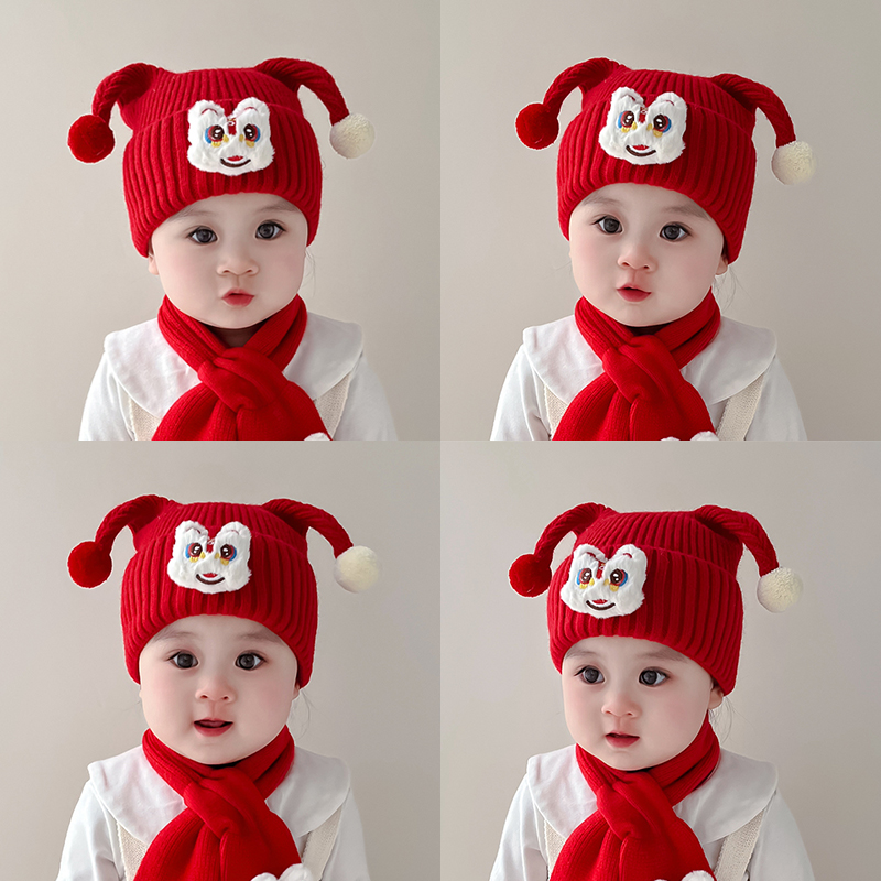 超萌可爱醒狮婴儿毛线帽小丑帽