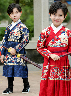 男童汉服新年衣服新款锦衣卫飞鱼服儿童红色喜庆帅气男孩过年服装