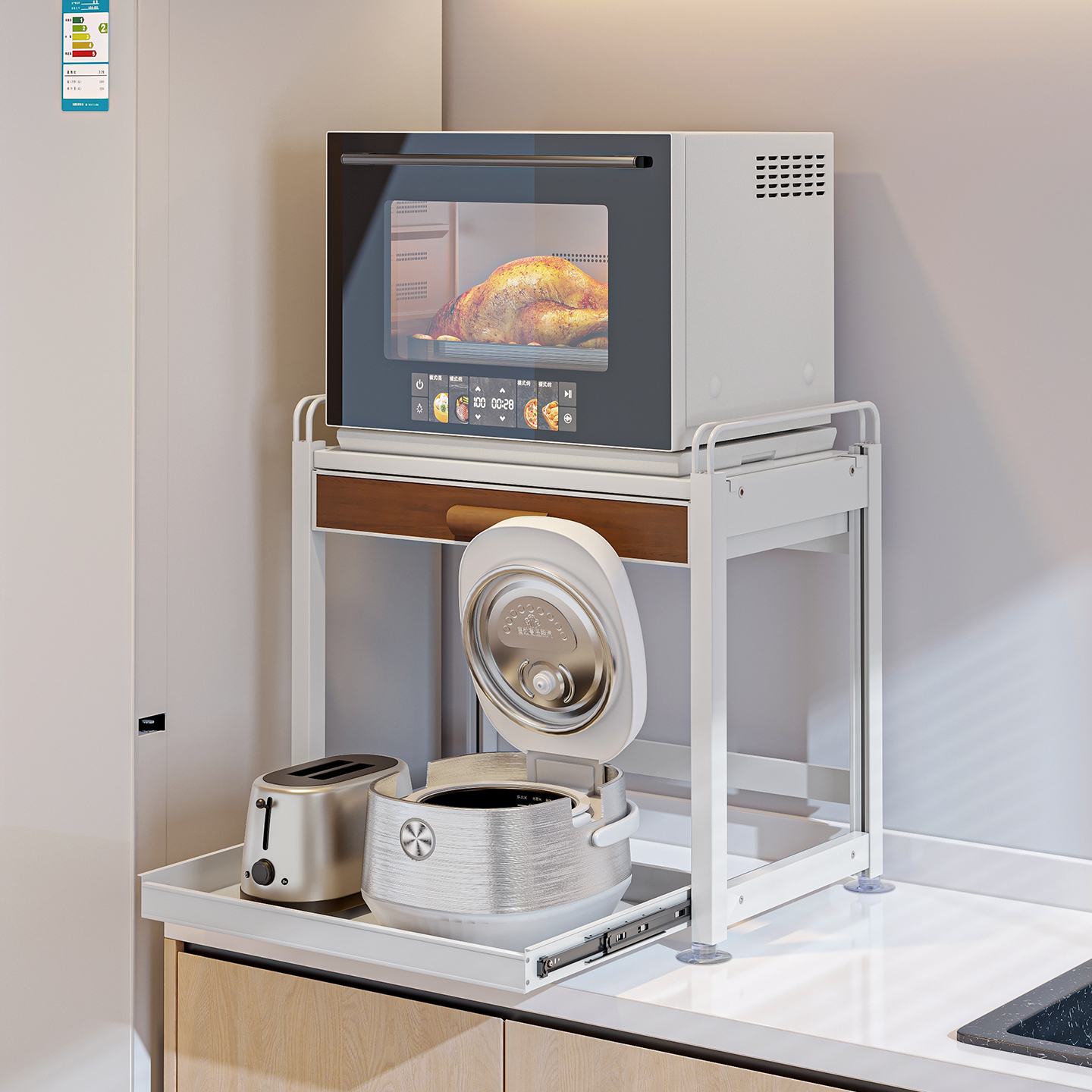 厨房微波炉置物架台面蒸烤箱收纳架放电饭煲空气炸锅抽拉分层架子