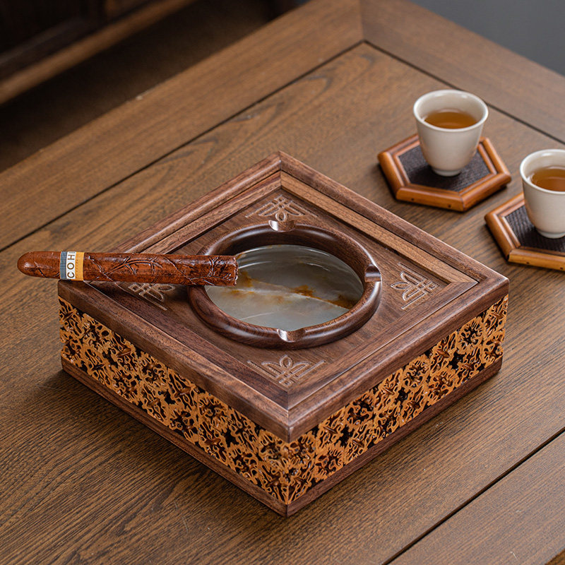 复古核桃烟灰缸手工胡桃木实木大号客厅家用烟缸中式高档创意摆件