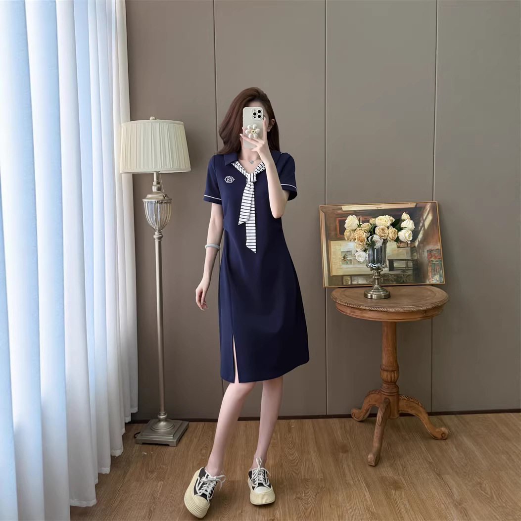 青春学生领系带烫钻t恤连衣裙女装2026夏季活力十足休闲中长群子