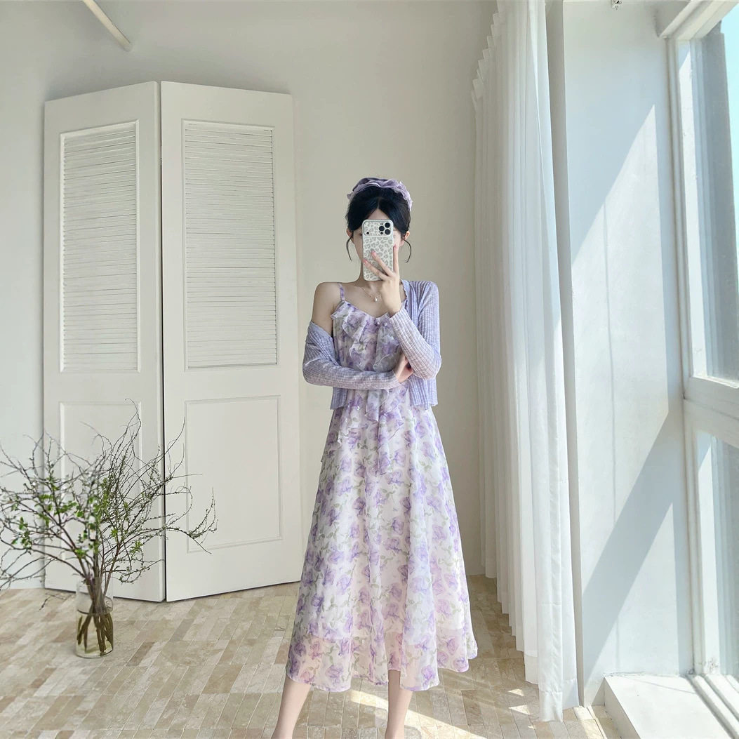 浪漫绝美木耳边碎花吊带连衣裙女装2026新款沙滩度假风防晒+披肩