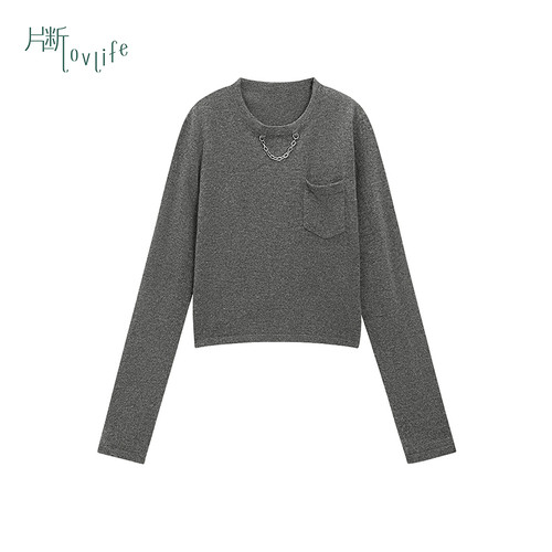 片断毛衣女冬季新款休闲长袖慵懒风简约小个子灰色套头上衣