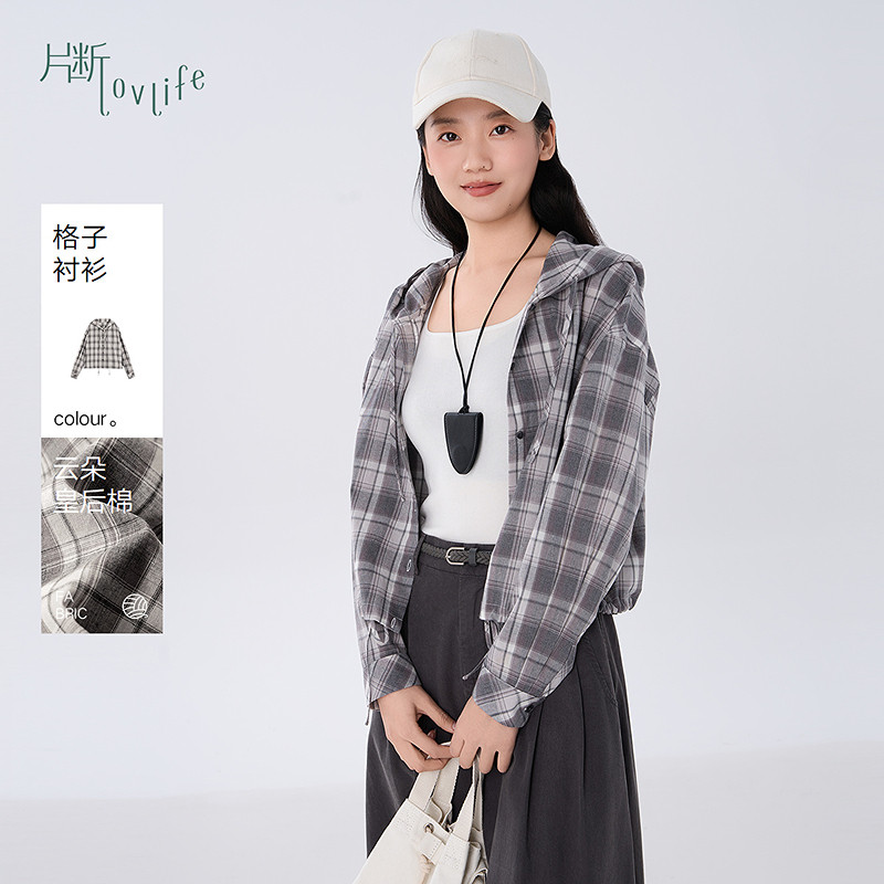 片断格子衬衫女夏季新款连帽休闲学院风减龄文艺别致百搭衬衣图片