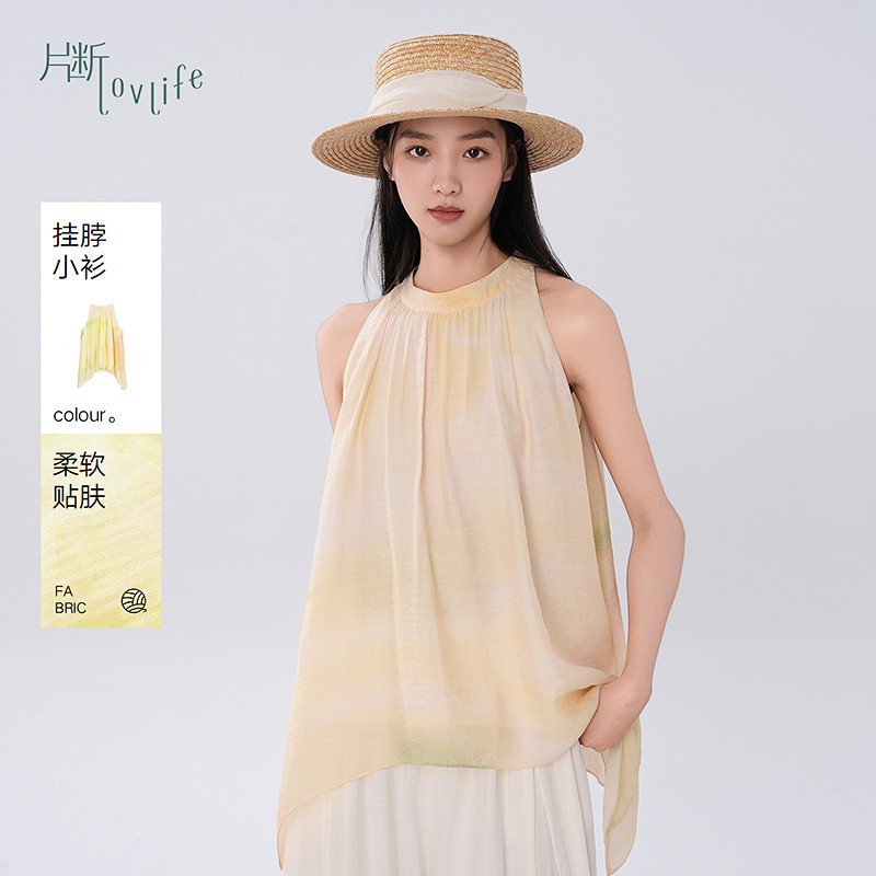 片断衬衫女夏季新款立领时尚度假风小衫宽松无袖挂脖露肩上衣图片