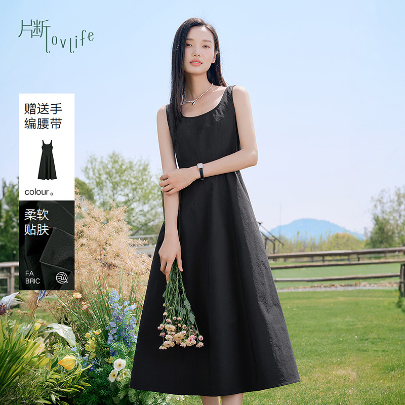 片断连衣裙女夏季新款收腰显瘦慵懒吊带裙无袖时尚赫本小黑裙图片