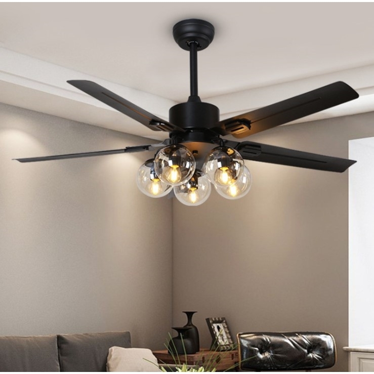 黑色铁叶五灯吊扇灯大风力欧式时厅客厅家用静音带灯遥控风扇尚餐