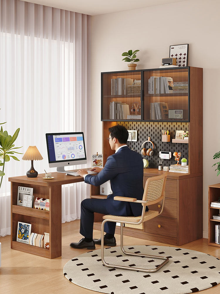 实木转角书桌电脑桌台式办公桌家用学生学习写字桌书架书柜一体桌