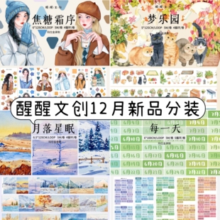 醒醒文创第10弹秋冬少女植物猫咪梦乐园英文日付字素模切胶带分装