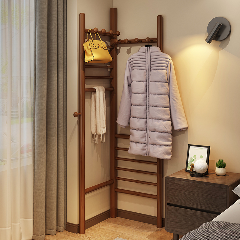 转角衣帽架省空间卧室落地实木家用挂衣架床边简易放衣服晾衣架子