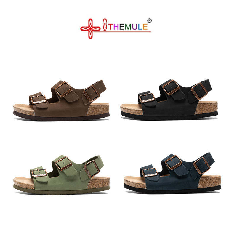 THEMULE德国勃肯凉鞋软木双扣勃肯鞋一字拖真皮平底露趾沙滩鞋