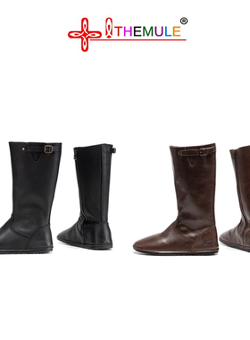 THEMULE丑萌鞋长靴女真皮直筒靴小丑鞋小众肥脚骑士靴棕色百搭冬
