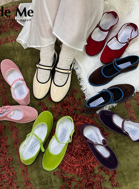 现货授权Drogheria Crivellini天鹅绒莫尔平底浅口圆头玛丽珍鞋