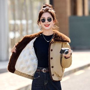 90白鸭绒派克羽绒服女短款2025新款仿水貂毛拼接大翻领外套小个子