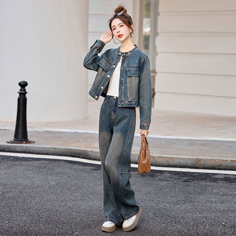 复古做旧牛仔套装女装春季2026新款今年流行爆款高级感穿搭一整套