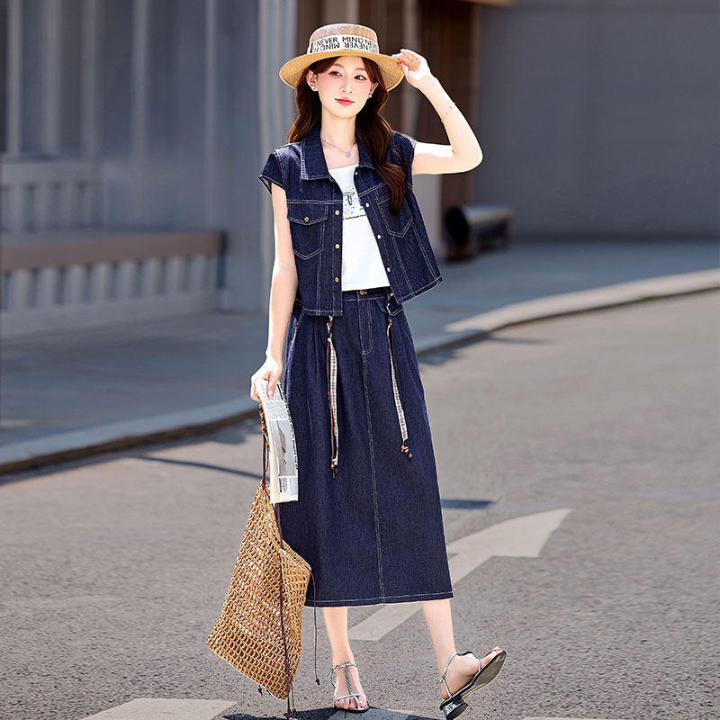 夏季牛仔半身裙套装2026年新款超火三件套女装今年流行爆款小个子