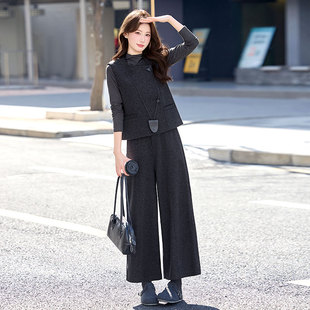 春装女款2026新款阔腿裤三件套毛呢马甲套装时尚洋气减龄显瘦遮肉