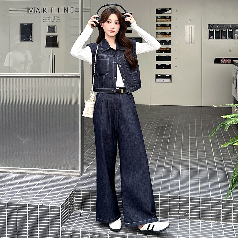牛仔马甲阔腿裤三件套女秋季套装