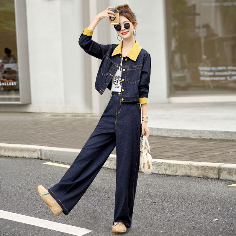春季牛仔套装女装2026新款今年流行爆款穿搭一整套阔腿长裤两件套